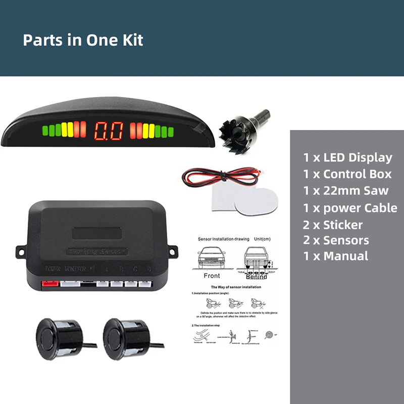 Hippcron Car Parking Sensor Kit 2 Sensors 22mm LED Screen Reverse Radar Sound Alert Indicator System 8 Colors best car alarm system