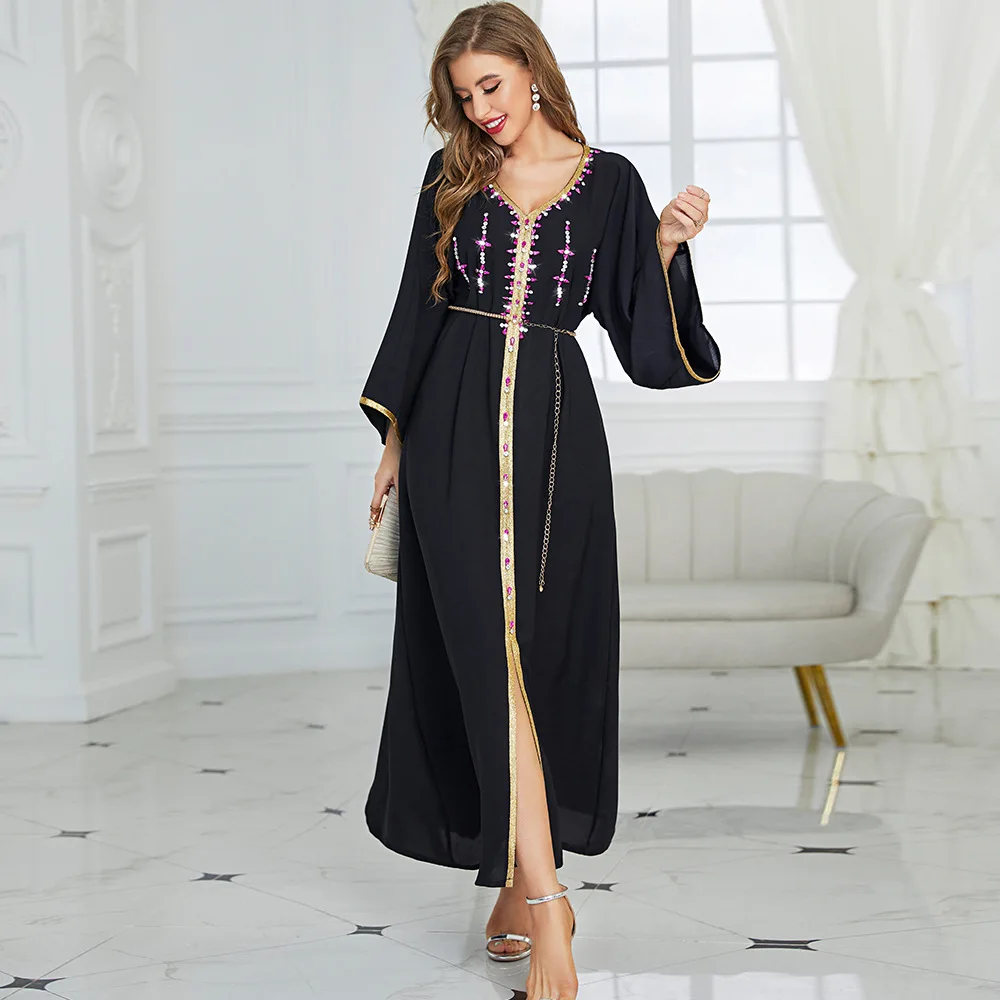 

Ramadan Moroccan Kaftan Handsewn Diamonds Dubai Abayas for Women Black Party Evening Long Arabic Dress Muslim Caftan Jalabiya