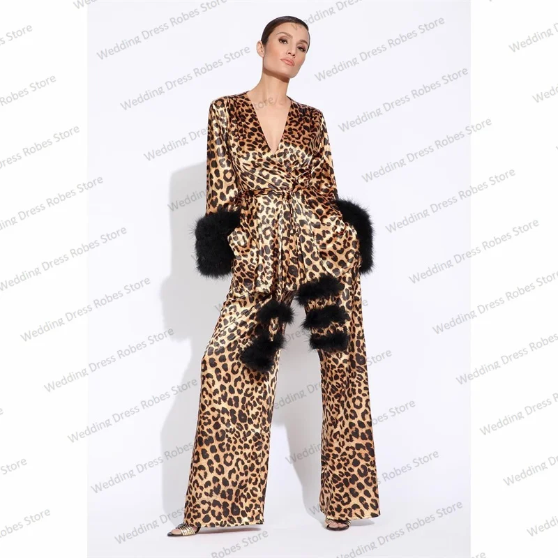 Женская пижама с леопардовым перьем, женская пижама, Женский комплект из 2 предметов, шелковая атласная пижама с поясом, индивидуальная фотосессия