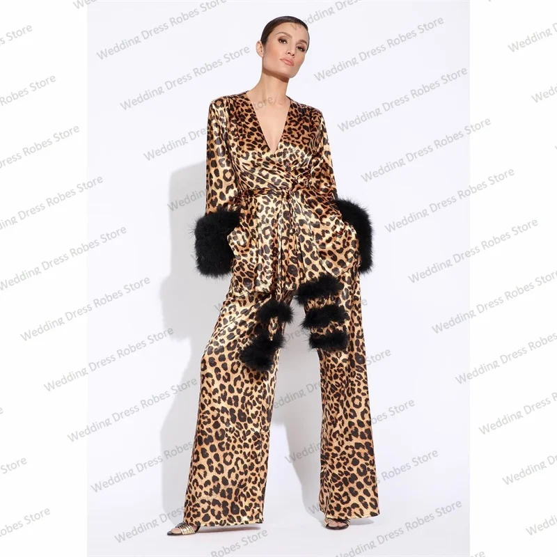 Leopard Feather Women Sleepwear Pajamas Wedding Night Dresses 2 Pieces Cloth+Pants Set Silk Satin With Belt Photoshoot Tailored
