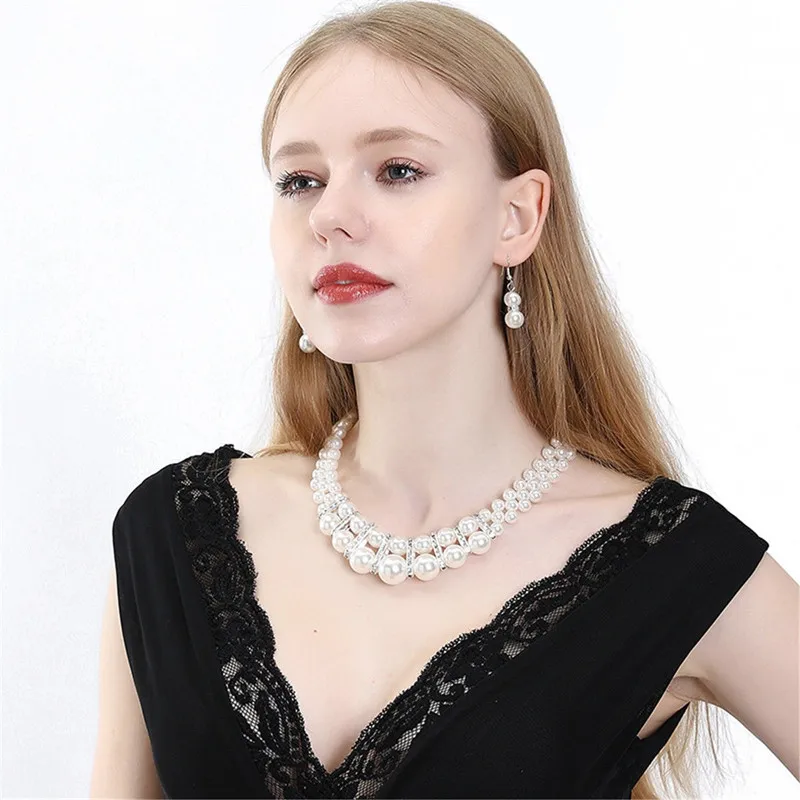 Imitation Pearl Necklace Earrings Jewelry Set Women Female Wedding Party  Crystal Ornaments Dress Accessories Bijoux - AliExpress