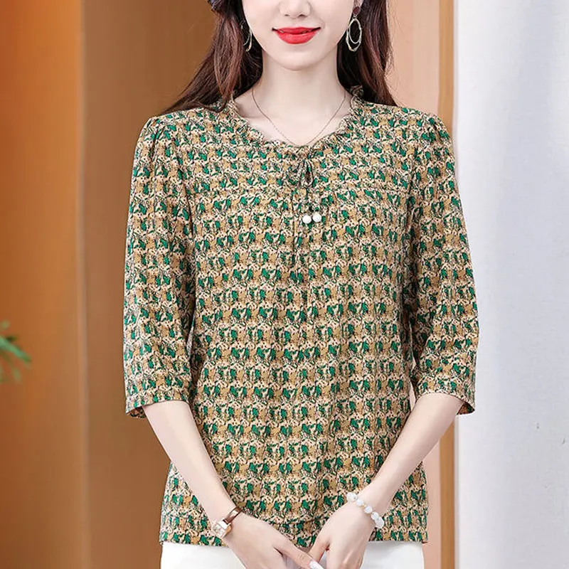 Folk Broken Flowers Blouse Summer Casual Drawstring V-Neck Women's Clothing Half Sleeve Prairie Chic Printed Commute Folds Shirt