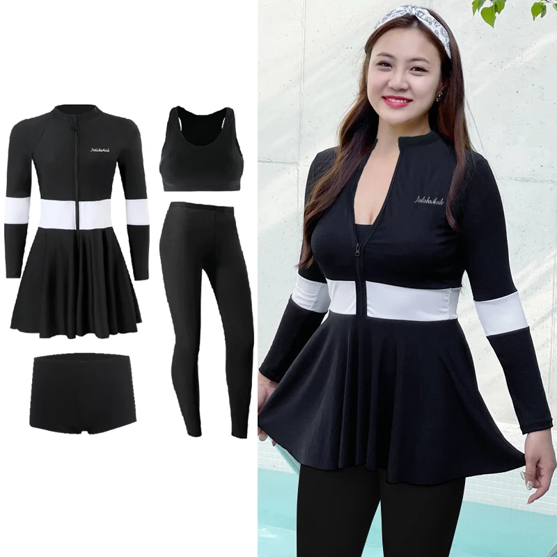 Korean women plus size rashguard diving suit split conservative long sleeved swimwear 4Pcs holiday swimming suit