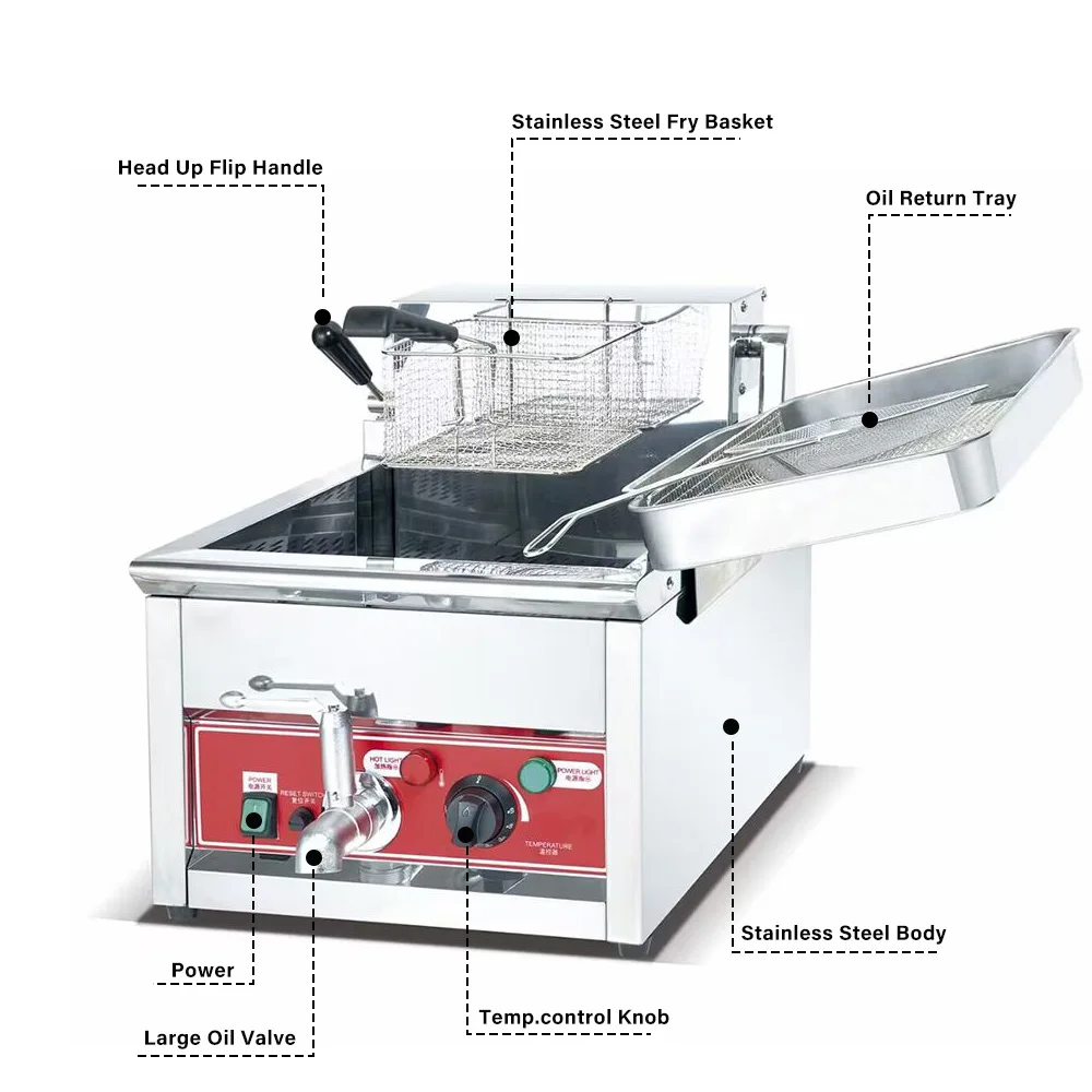 DJX20L 20L Single Tank Countertop Electric Deep Fryer with Drain,Solid Basket and Lid for Restaurant and Commercial Use
