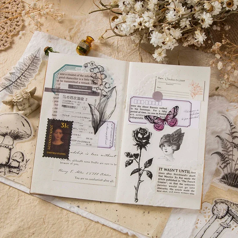 20/pcs Vintage Black White Plants Craft Stickers Junk Journal Retro Diary Album Scrapbooking Decorative Mushroom Daisy Stickers