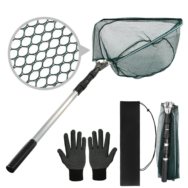 Fishing Landing Net Telescope Foldable Collapsible Extensible Fishing Net for Bird Fish Catch Release with Glove and Storage Bag