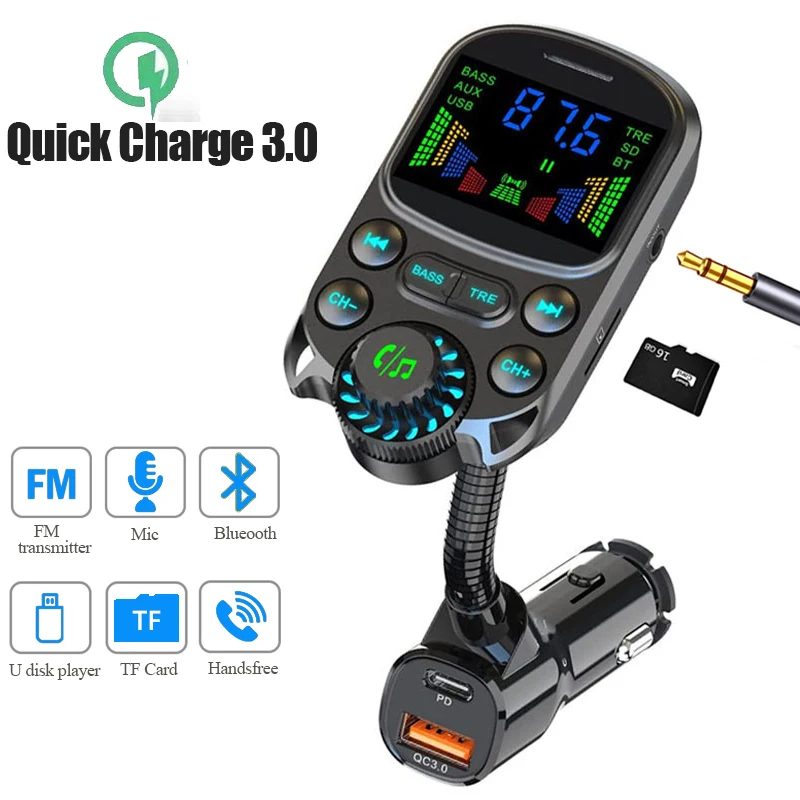  Upgraded Bluetooth FM Transmitter for Car, Wireless Radio  Adapter Kit W 1.8 Color Display Hands-Free Call AUX in/Out SD/TF Card USB  Charger QC3.0 for All Smartphones Audio Players - Black 