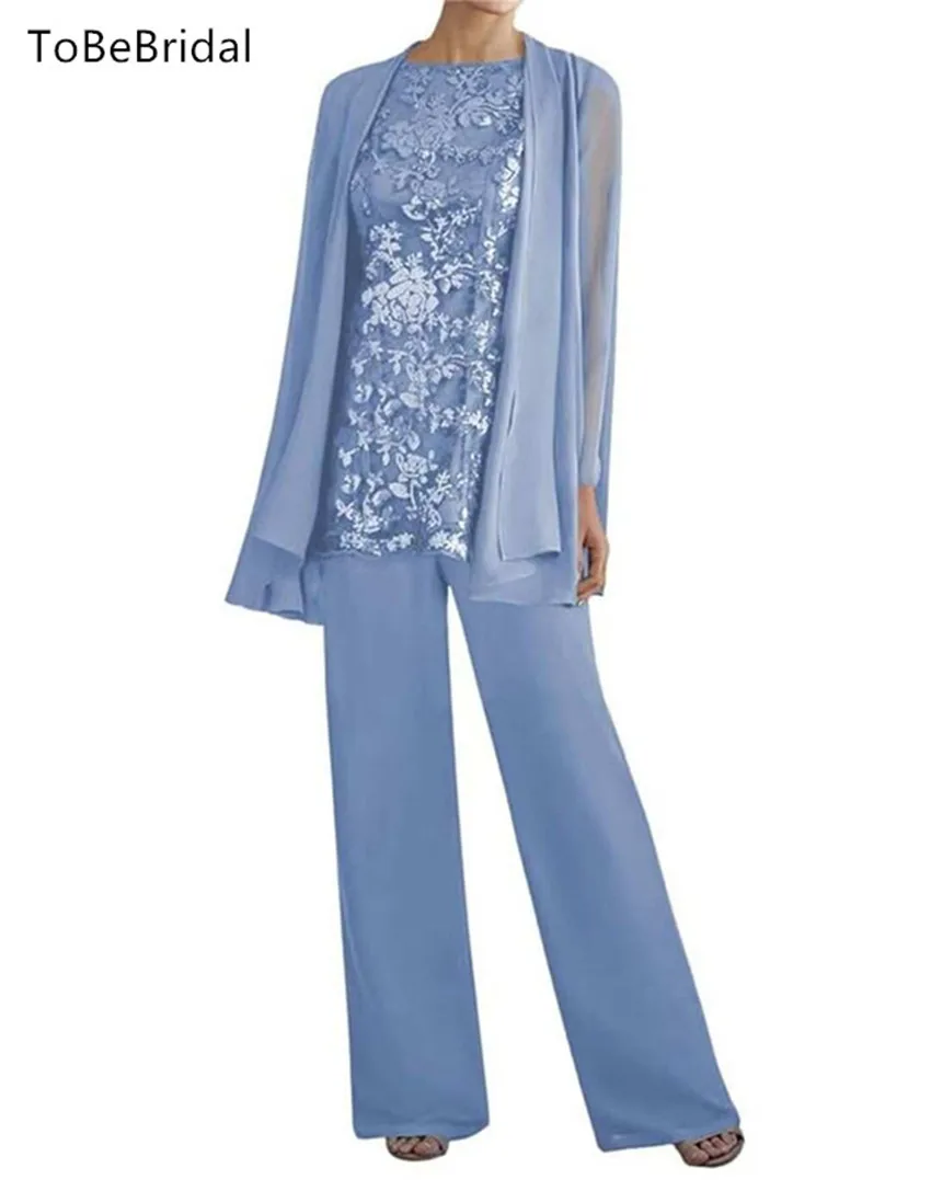 Mother Of The Bride Dresses Plus Size 3 Three Pieces Suits Pants Long Sleeve Embroidery Lace Jacket Evening Dresses Customized