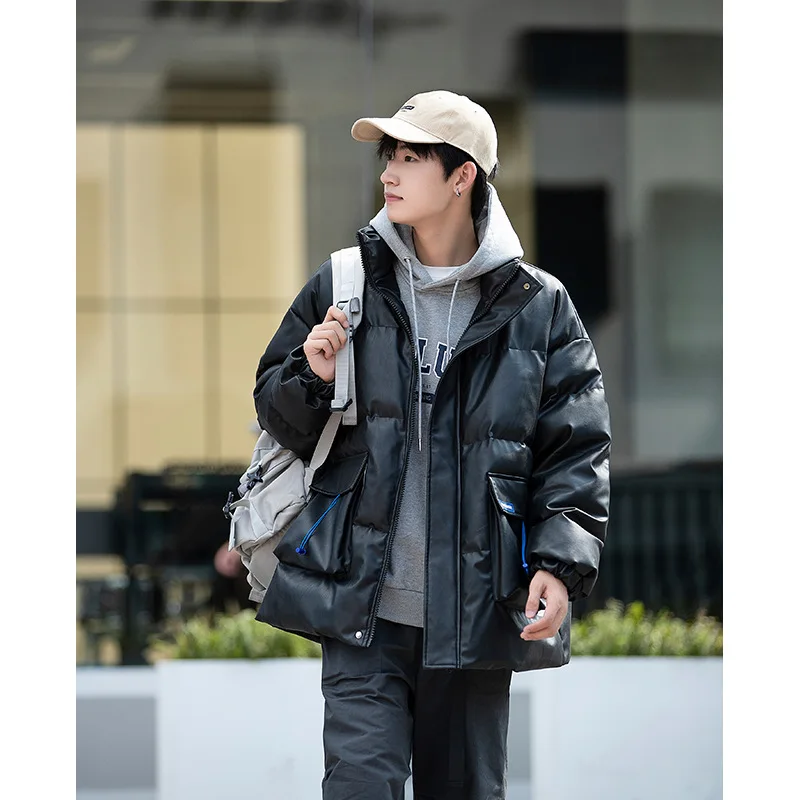 

2022 Winter Jacket Men Casual Wear Padded Warm Coat Male PU Leather Thicken Coat Man's Windproof Fashion black white Coat