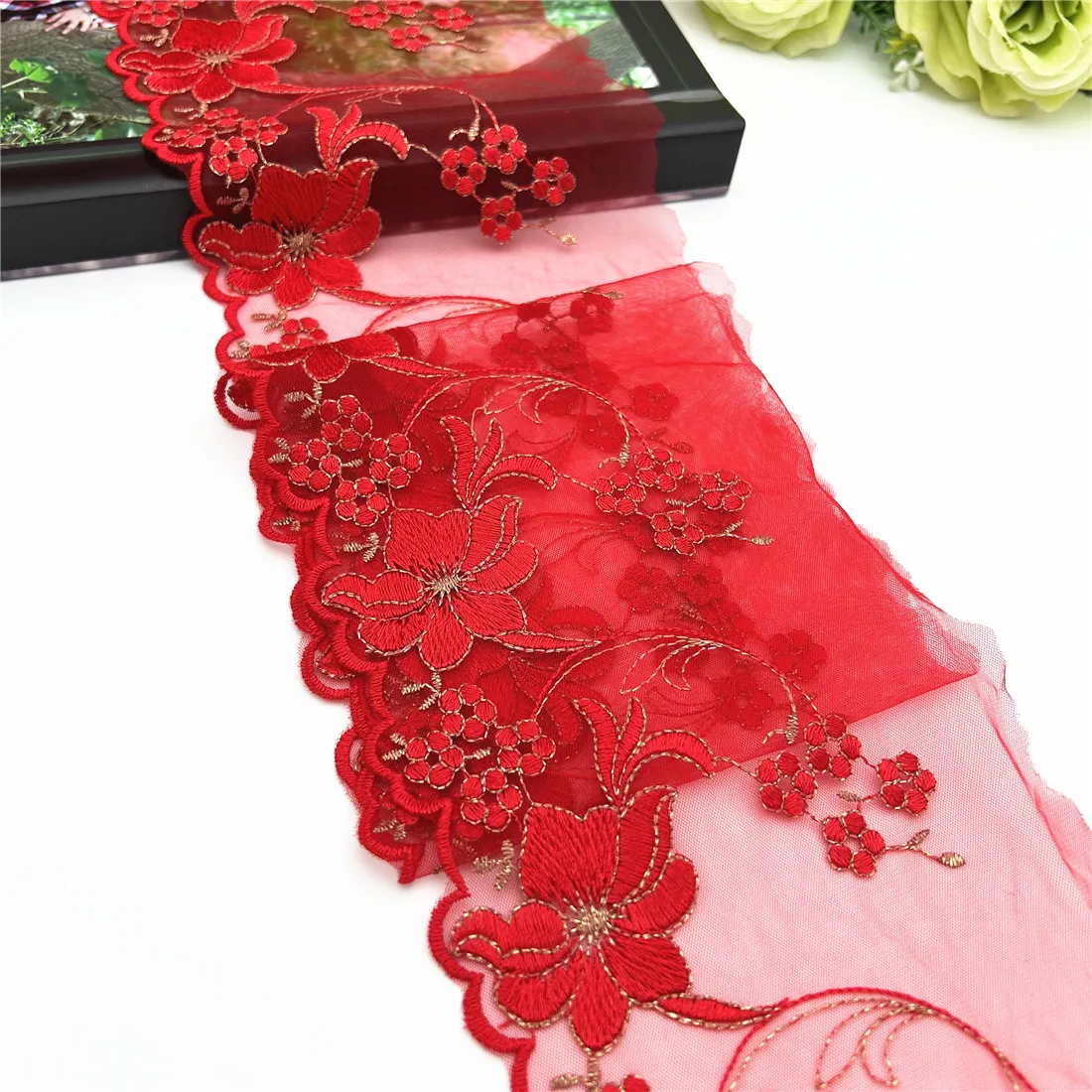 20y/lot Width 5Inch 13cm Red Gold Embroidery Floral Lace Trim Skirt Hem Underwear Sewing Material Craft DIY Apparel Fabrics Lace 3