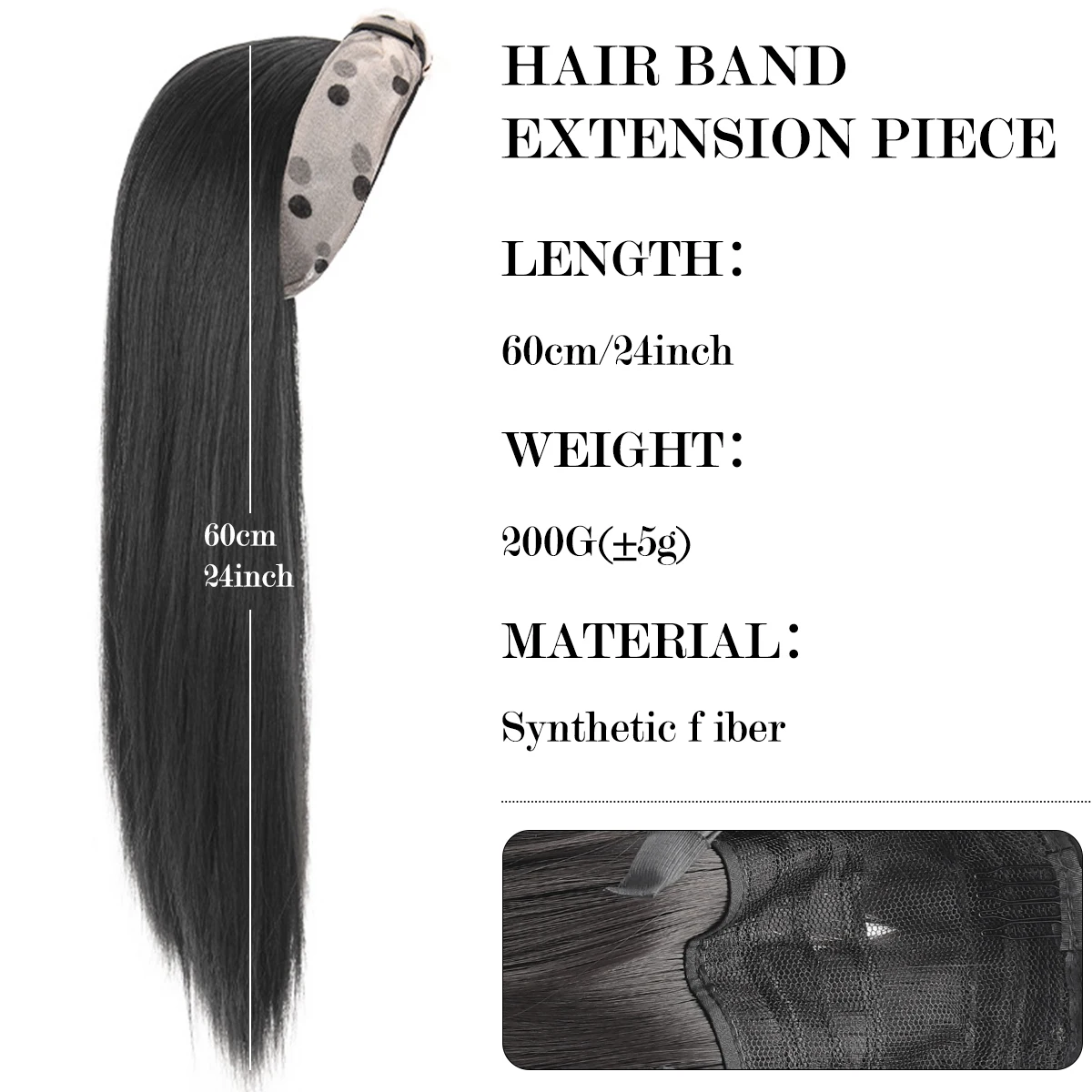 Long straight hair synthetic Hoop headband hair extension piece 24-inch women's accessories black brown heat-resistant hairpiece