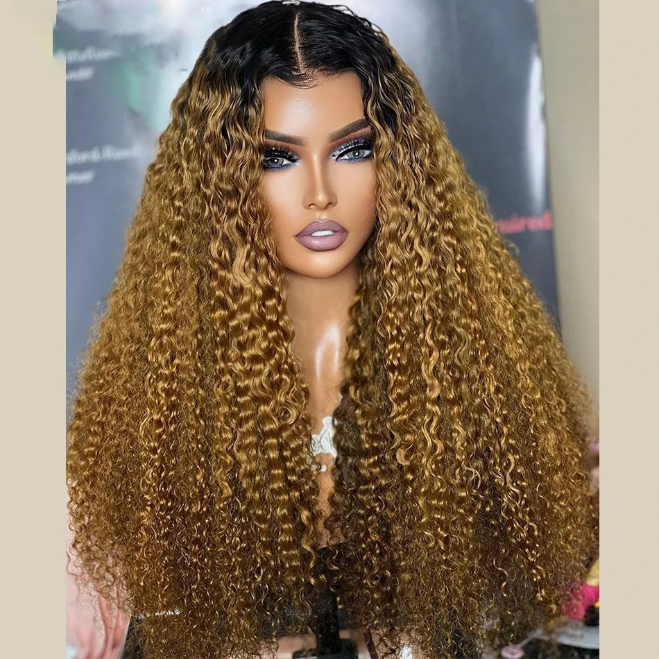 

Soft Preplucked 26Inch Long 180%Density Glueless Ombre Blonde Kinky Curly Lace Front Wig BabyHair Heat Temperature Daily Cosplay