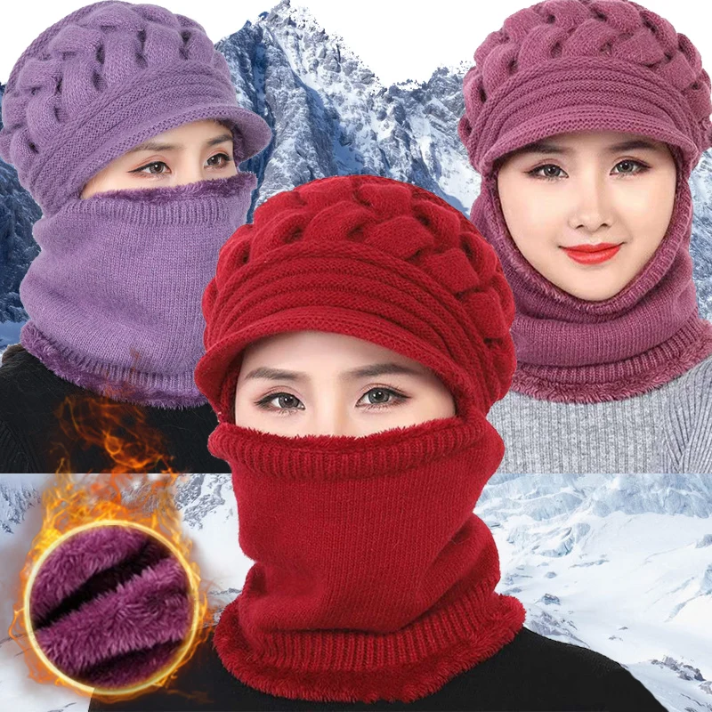 

Women Wool Knitted Hats Ski Hat Sets Windproof Winter Outdoor Knit Thick Siamese Scarf Collar Warm Keep Face Warmer Beanies Cap