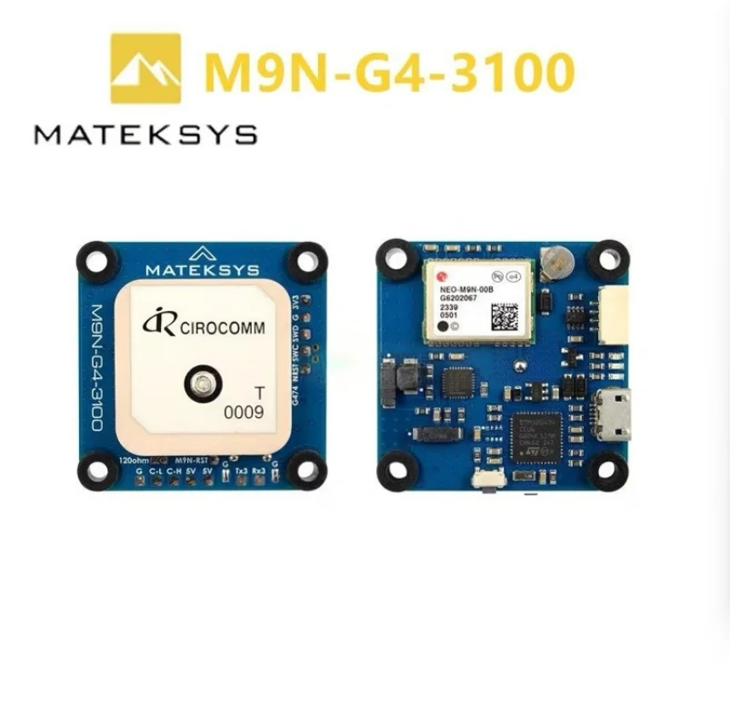 Module GNSS M9N avec boussole RM3100 et interface CAN/UART pour drone FPV, monté sur une carte de vol.