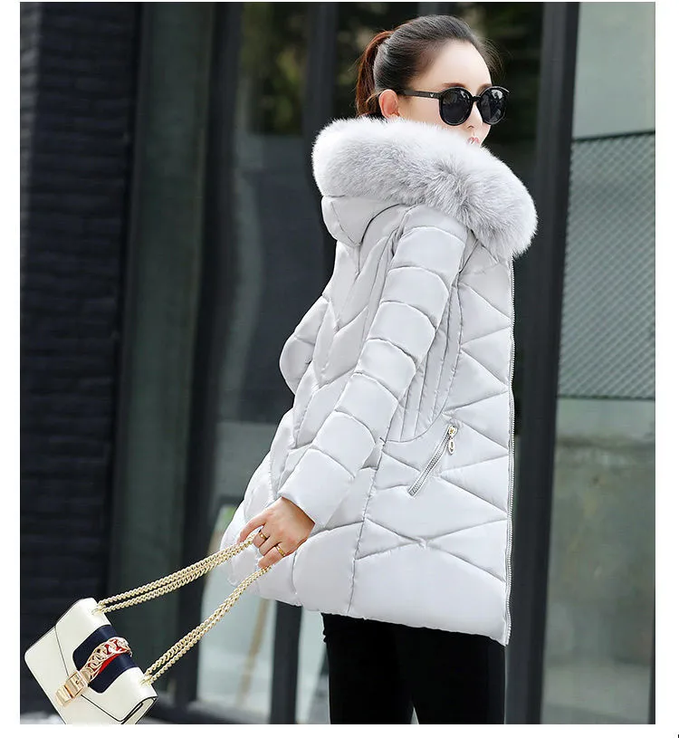 Korean Fashion Slim Thin Long Down Cotton Jacket Winter Warm Thick Parkas Cotton Women Snow Outerwear Big Fur Collar Female Coat