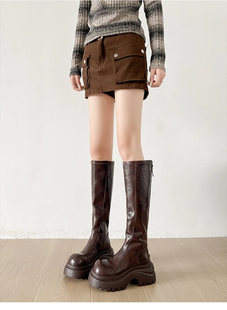 Women's Knee-high Leather Riding Boots With Round Toe And Thick Sole_voghion.com