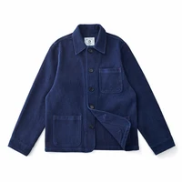 Vintage French Indigo Cargo Jacket Men Autumn Winter New Lapel Multi-pocket Blue Dyed Tooling Jacket Retro Casual Cardigan Coat 1