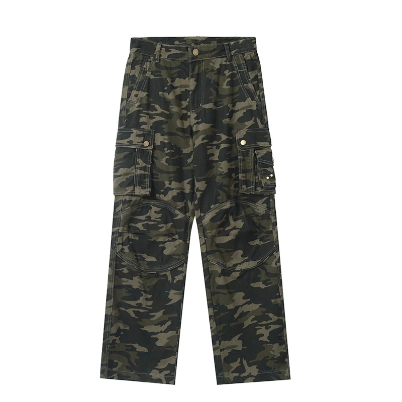 FEWQ High Street Loose Straight Tube Large Pocket Workwear Pants High Waist Camouflage Trendy 2024 Contrast Male Trousers 5