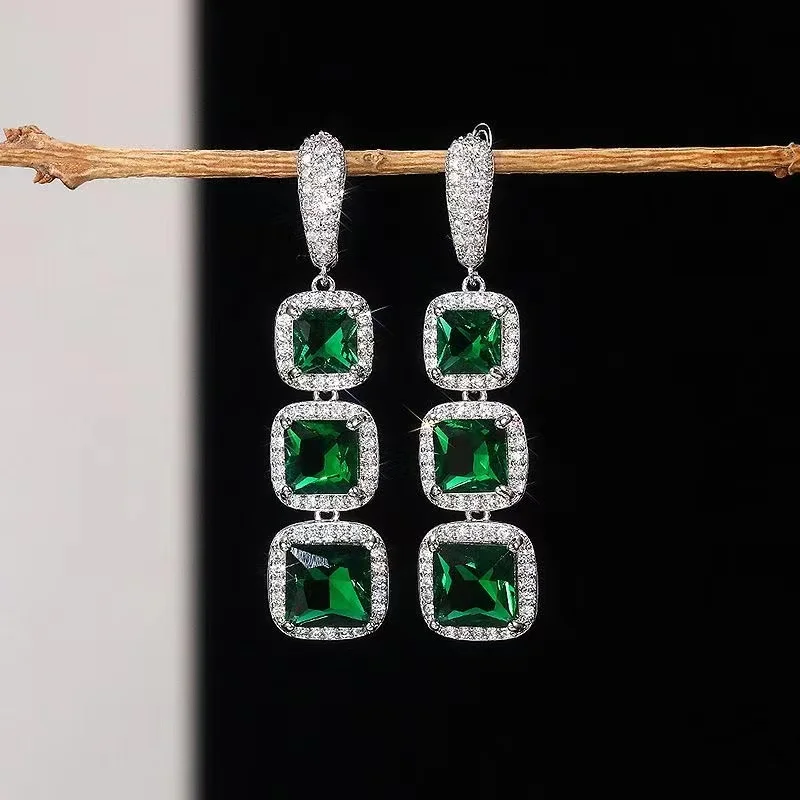 

S925 Pure Silver Sparkling Zircon Square Earrings for Women's Light Luxury High end Colored Treasure Earrings as a Gift for Mom