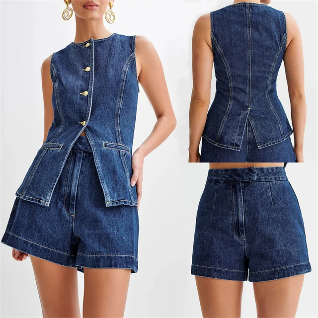 Maria Denim Sleeveless O-neck Short Set 1
