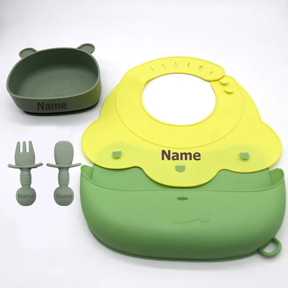 Silicone Bib & Tableware Set Waterproof & Easy to Clean Free Name Engraving Creative Gifts Customized for Babies