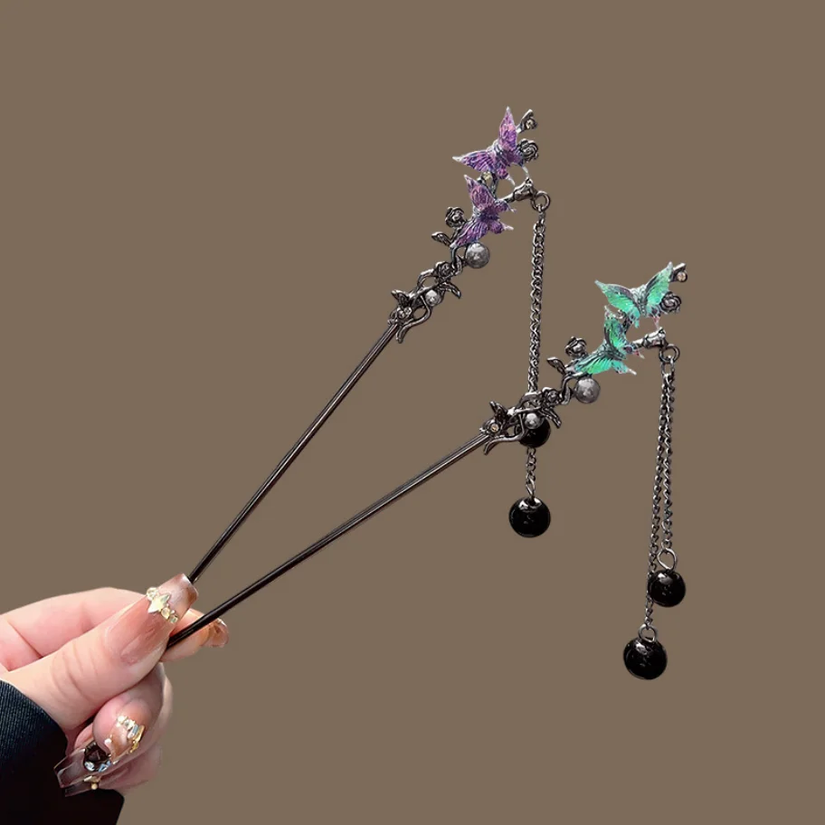 Klassischer Haarstab mit Blumen- und Metallfransen-Haarspange für Damen, Perlen-Haarschmuck mit schwarzen Perlen für Cheongsam-Haarknoten – Detail 4
