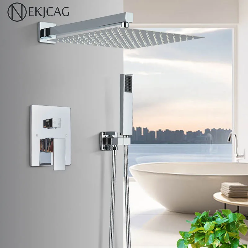 Chrome Bathroom Shower Faucet Set 12/16 inch Rainfall Bathroom Shower Tap Hot And Cold Mixer With Handshower Rotate Bath Spout