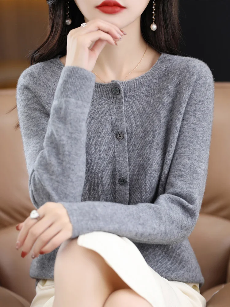 여성용 울 가디건, O넥 긴팔 스웨터, 100% 메리노 울 니트웨어, 그레이스 베이직 의류, 2024 용수철 가을 신상