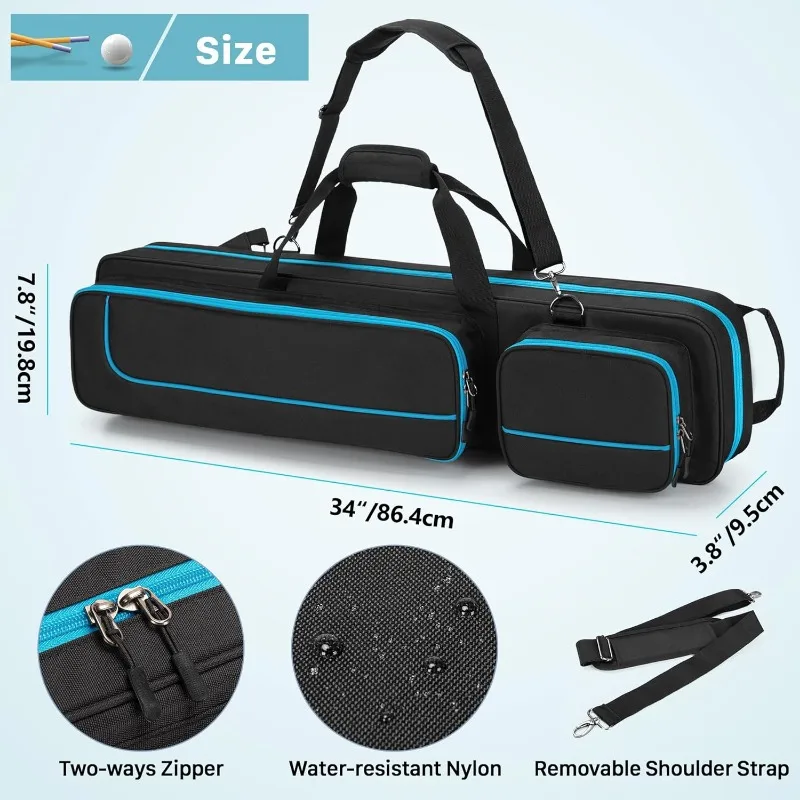 4x4 Pool Cue Case Hold Up to 4 Butts and 4 Shafts, Pool Stick Carrying Case with Front Accessories Pockets 6