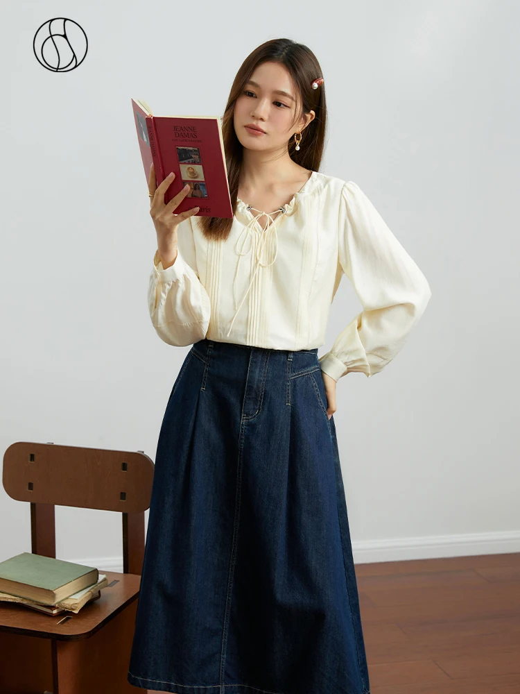 

DUSHU French Design Sense Drawstring Slim Shirt Autumn 2023 New Loose V-neck Tops Yellow Women Full Sleeve Women Tops