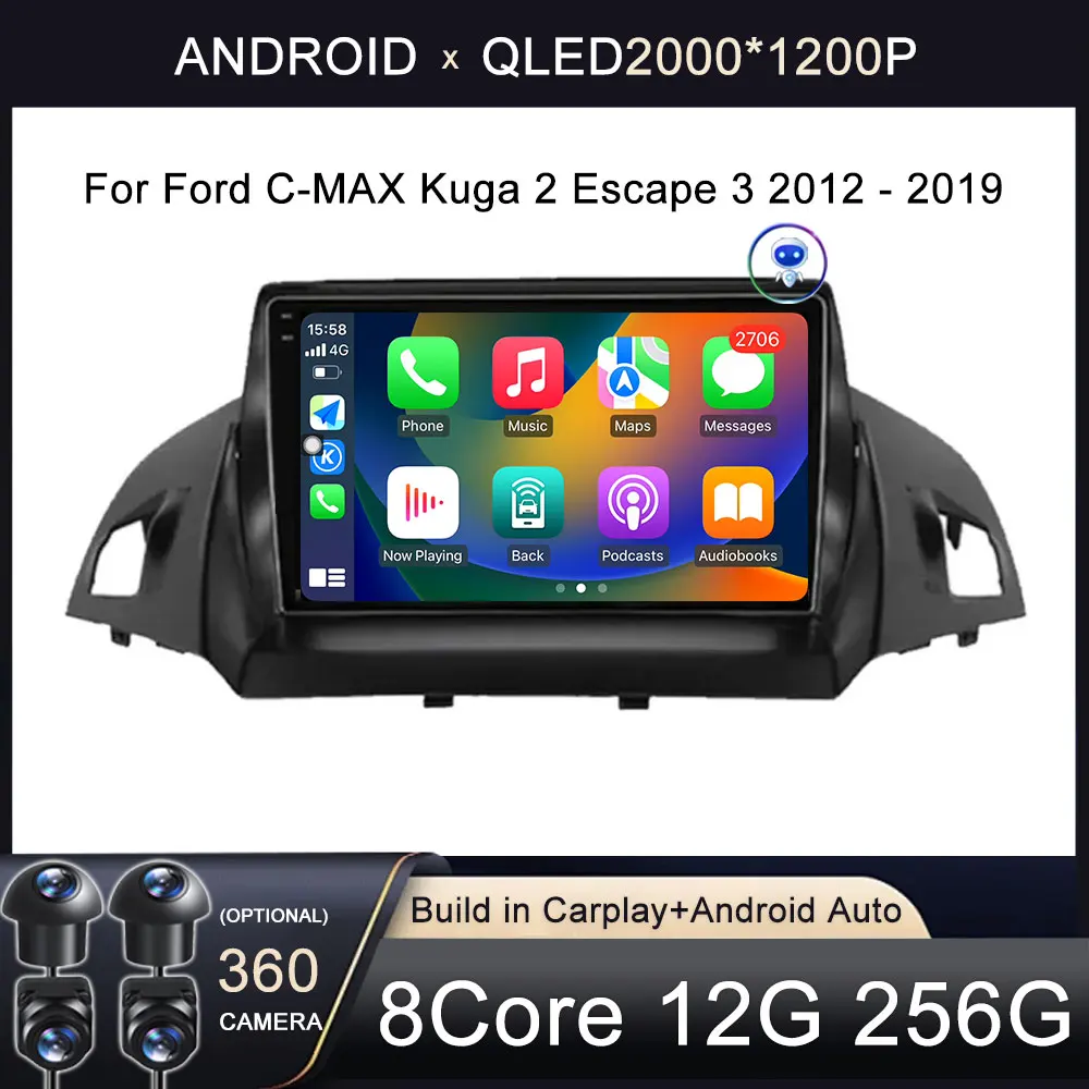 Autoradio Android 15 Per Ford Kuga/Escape 2008-2012 – 4G/128GB, Carplay Wireless, GPS, Telecamera AHD