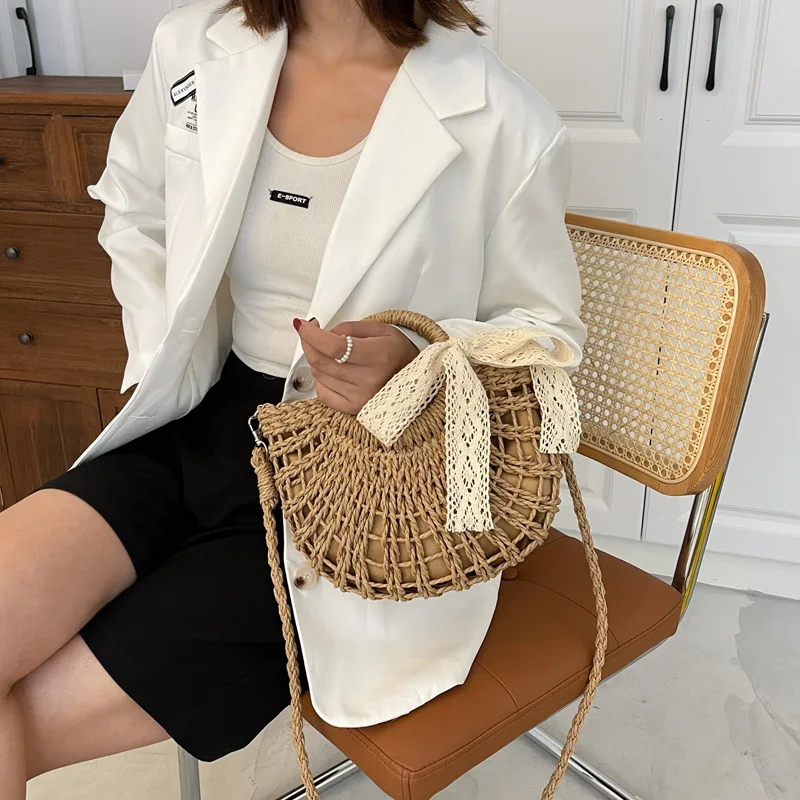 Handmade Half-Round Rattan Woven Straw Crossbody Bag Summer Beach Travel Shoulder Bags Bohemia Small Handbag For Women Totes