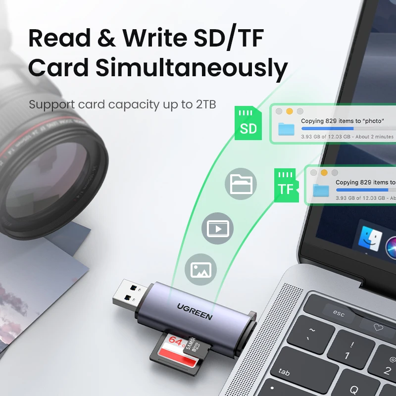 Ugreen Leitor de Cartão Usb3.0 & Usb c para sd Microsd tf Thunderbolt para Computador Portátil Acessórios de Memória Inteligente Cardreader Cartão sd Adaptador - Imagem 4
