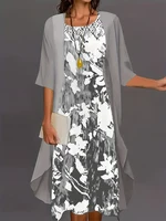 Plus Size 2025 Autumn New Women's Floral Printed Long Dress Printed Pattern Two-piece Dress Round Neck Temperament Elegant Dress