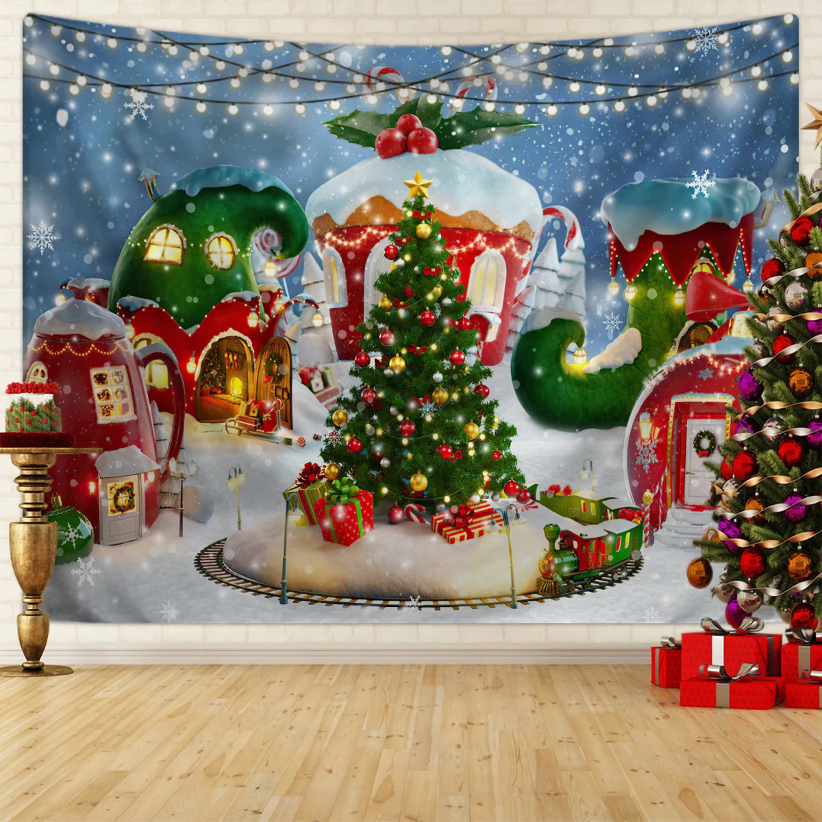 Christmas Tapestry, Christmas Tree Backdrop, Snow Scene Photo Background Hanging Cloth, Lightweight Vinyl Fabric, Multiple Sizes 100x120cm To 180x240cm, Pink Holiday Party Decoration Wall Cloth - View #10