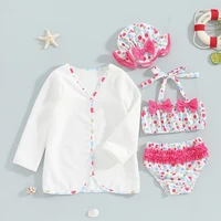 Girls Swimsuit 4 Piece Set, Halter Neck 3D Bow Tops + Elastic Waist Shorts + Long Sleeve Coat + Swim Cap Beach Wear Outfits 2-6T 2