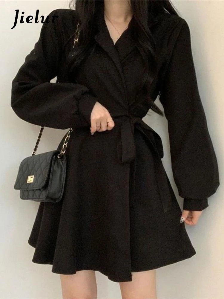 Jielur neue schlanke Taille schwarz Damen kleider einfarbige Schnür schleife Langarm elegante weibliche Kleid Mode Basic Office Damen