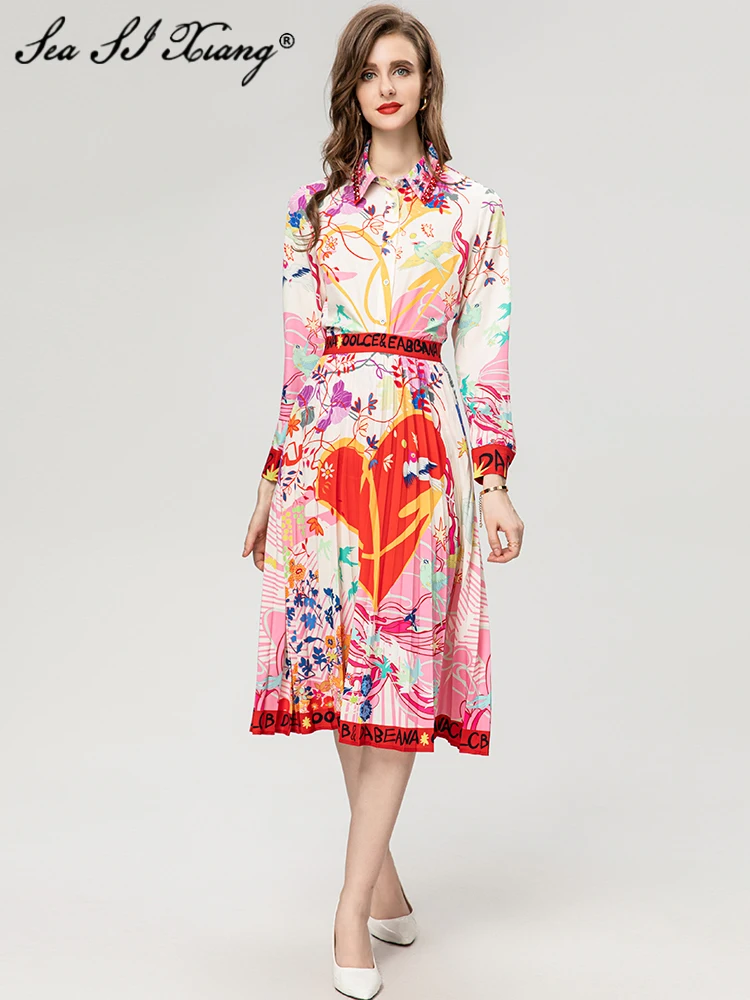 

Seasixiang Fashion Autumn Suits Women Beading Turn-down Collar Long Sleeve Shirt + Pleated Skirts Vintage Print 2 Piece Suit