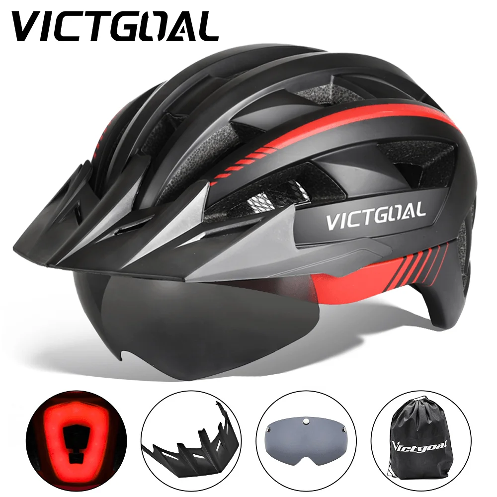 Victgoal Fietshelm Met Zonneklep Bril Mannen Vrouwen Fietshelm Achterlicht Magnetische Lens Mtb Mountainbike Helmen