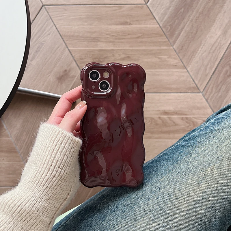 3D-Blasenwellenmuster-Telefonhülle für iPhone 17, 16, 15, 14, 13, 12, 11 Pro Max, 14 Pro Max, Weinfarbe, weiche, stoßfeste Rückseite – Detail 3