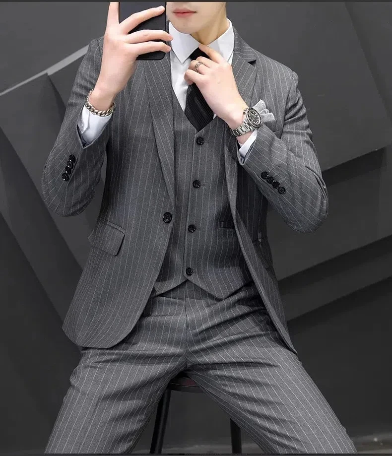 Striped suit set for men Korean version business slim fit dress casual suit jacket