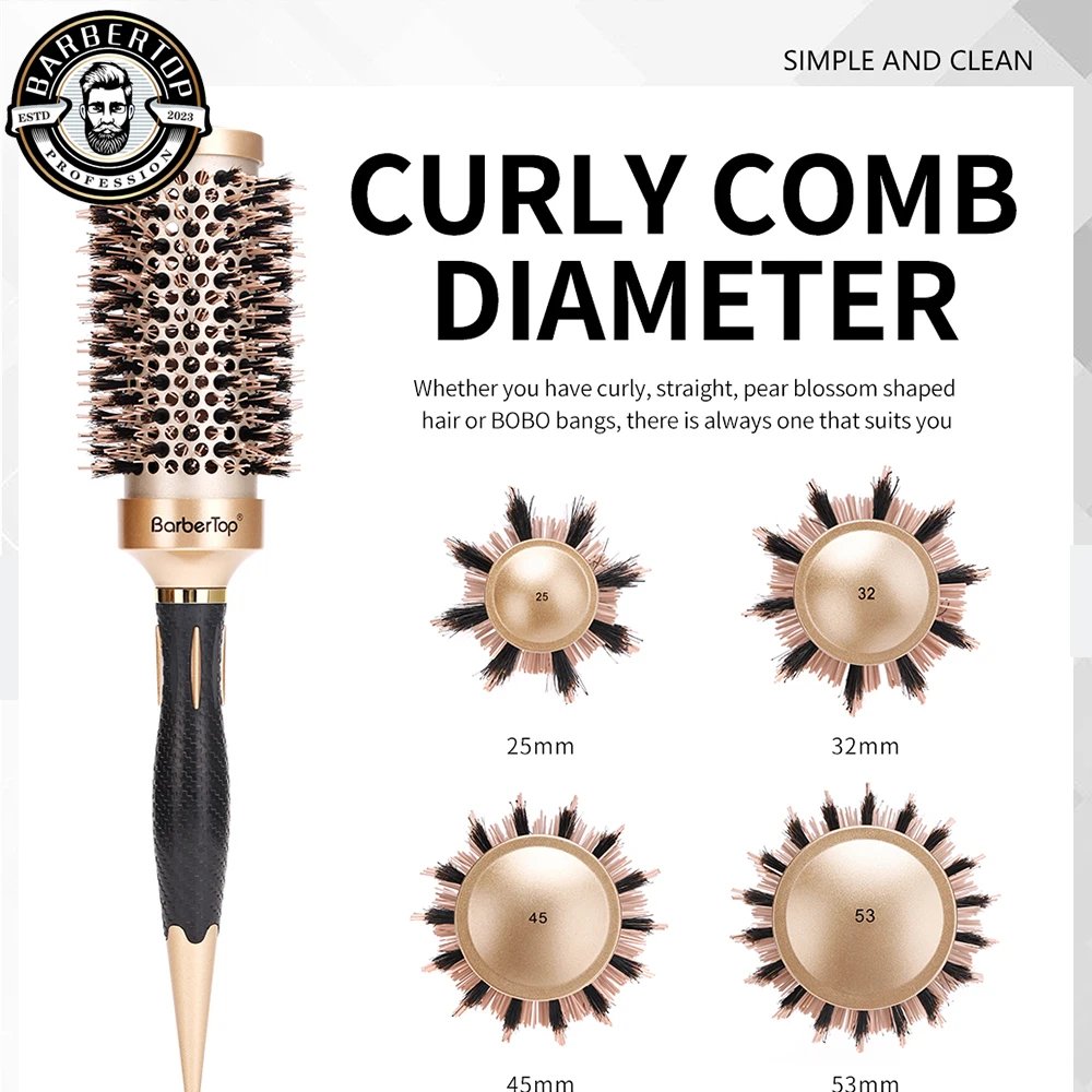 New Handle Round Rolling Brush Straight Twill Hair Comb Boar Bristle Round Barrel Hair Curling Brush Hairdressing Styling Tool