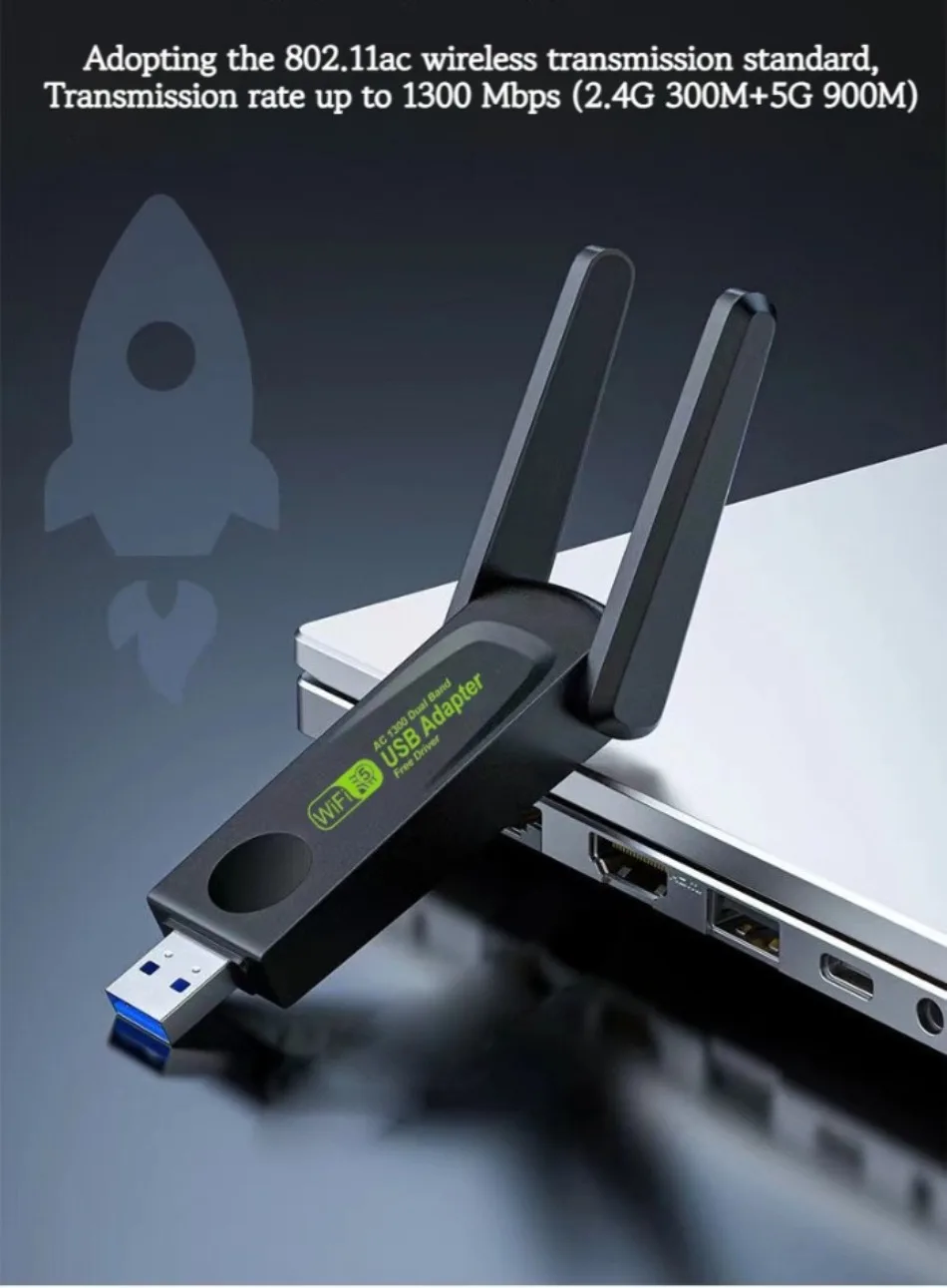 Adaptador Usb de Banda Dupla 1300mbps 2.4g 5ghz Dongle Wifi 802.11ac Poderosa Antena Receptor sem Fio para pc Driver Portátil Livre - Imagem 4