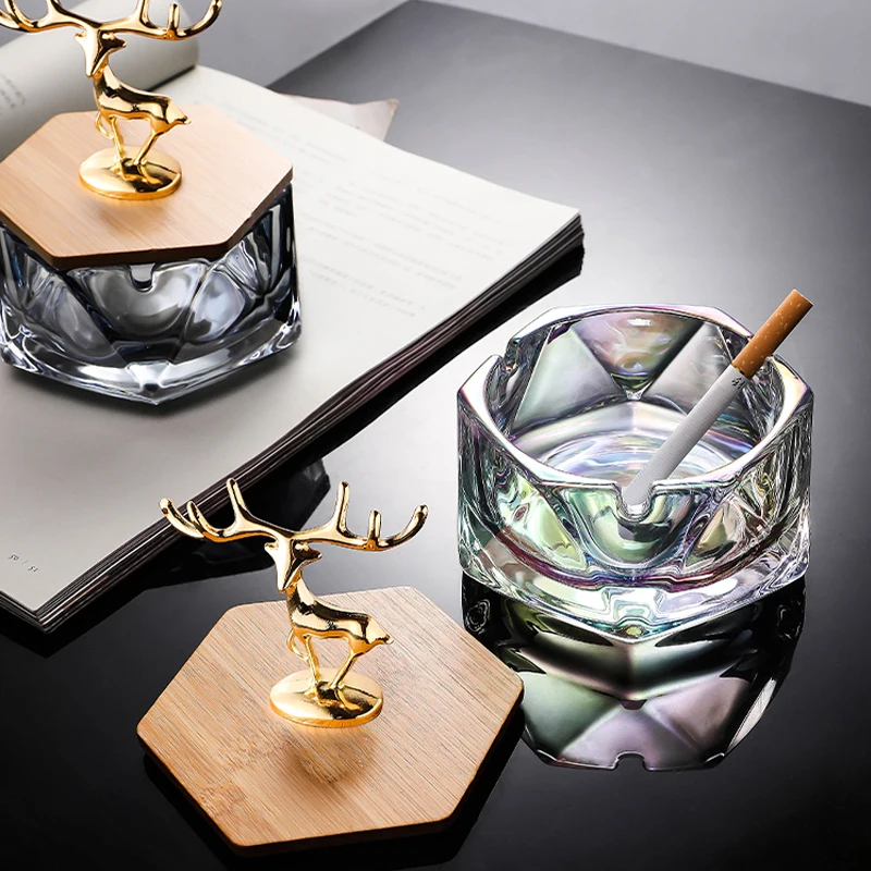 Household Crystal Glass Ashtray with Cover To Prevent Fly Ash Luxury Trend Living Room Decoration Office Decoration Elk Ashtray portable ashtray cigarettes ashtray silicone ashtray stainless steel ashtray metal ashtray