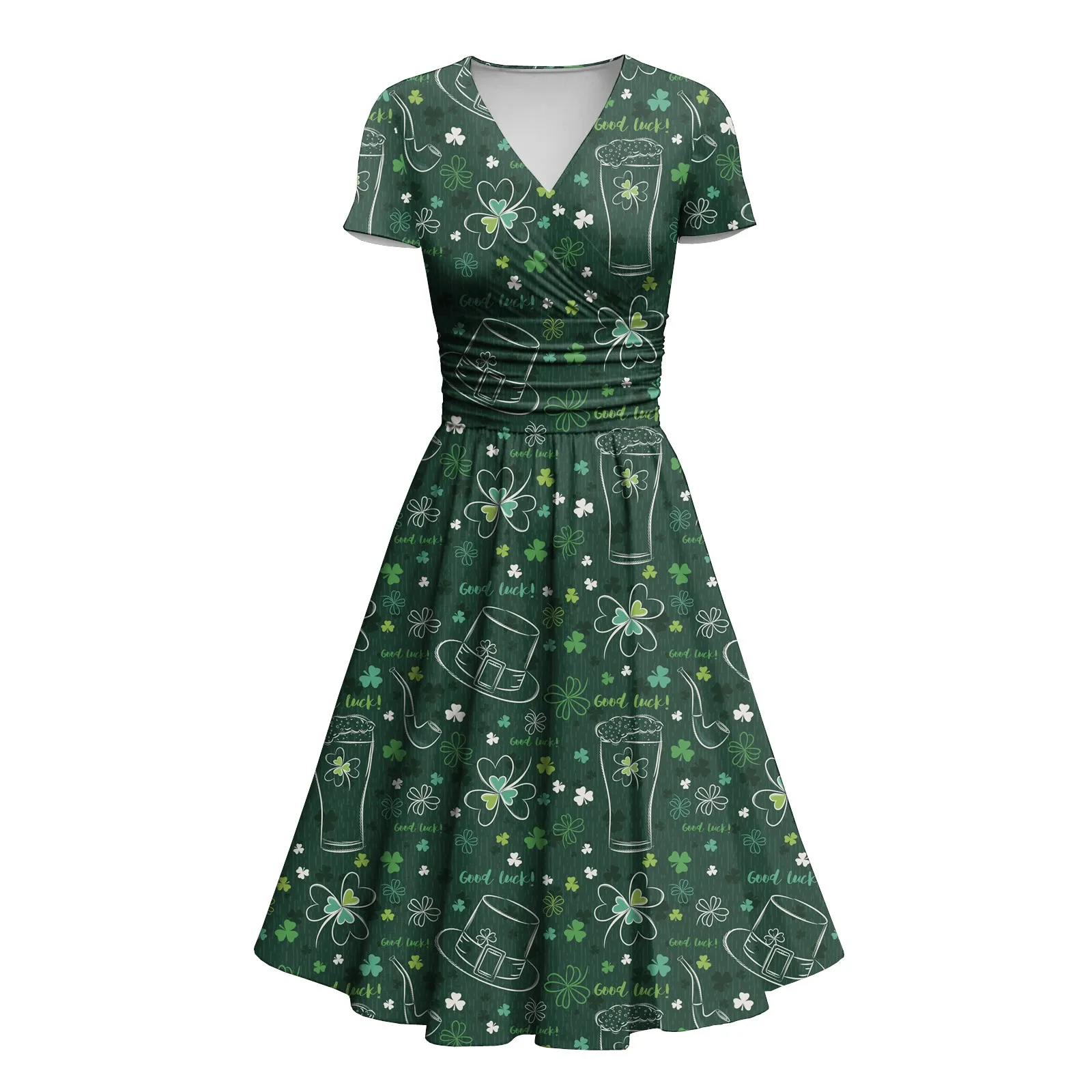 

Plant Print Dresses Green Clovers Women's Dress Fashion Short Sleeve St.patrick's Day Dresses Casual V-neck Female Sundress