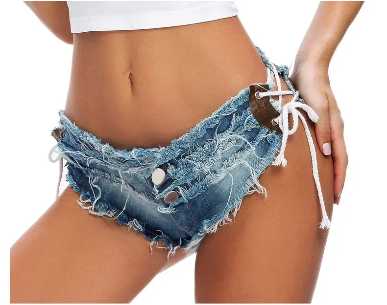Women's Sexy Super Denim Shorts Summer Denim Cotton Low Waist Bandage Shorts Ladies Skinny Sexy Club Super Short Jeans