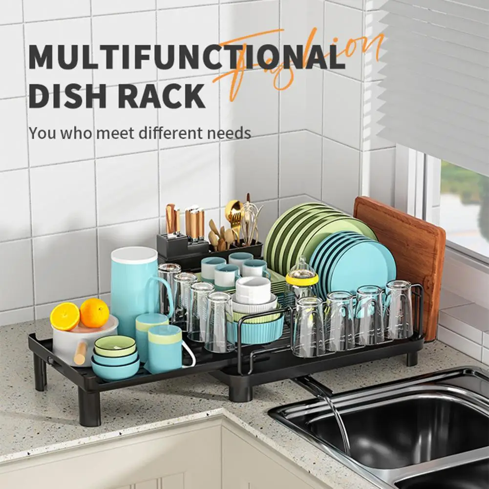 Carbon Steel Dish Drying Rack Adjustable Kitchen Plates Organizer With Drainboard Over Sink Countertop Cutlery Storage Holder ﻿