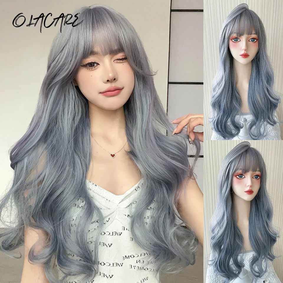 Blue Grey Synthetic Wigs for Women with Bangs