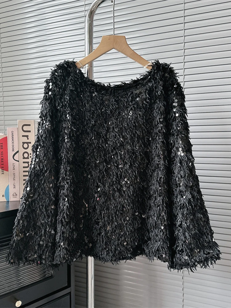 

Loose O-neck Sequin Sparkling Knit Pullover Sweater For Women's Splice Long Sleeve Jumper New Autumn Winter X810