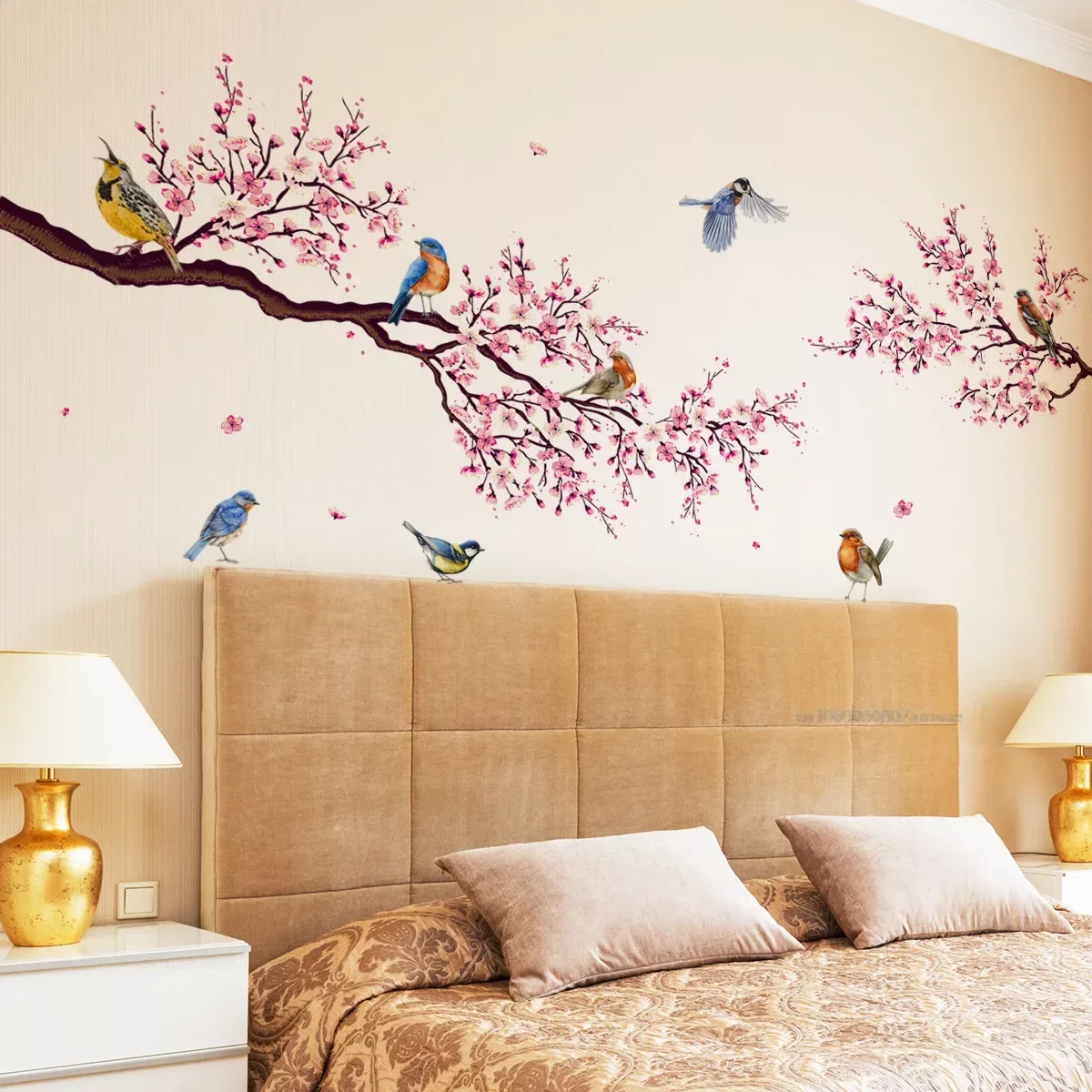 Pink Peach Blossom Flowers Branch Birds Adesivi Murali Floreali Per Camera Da Letto Soggiorno Mobili Sfondo Decalcomanie Murales Pvc